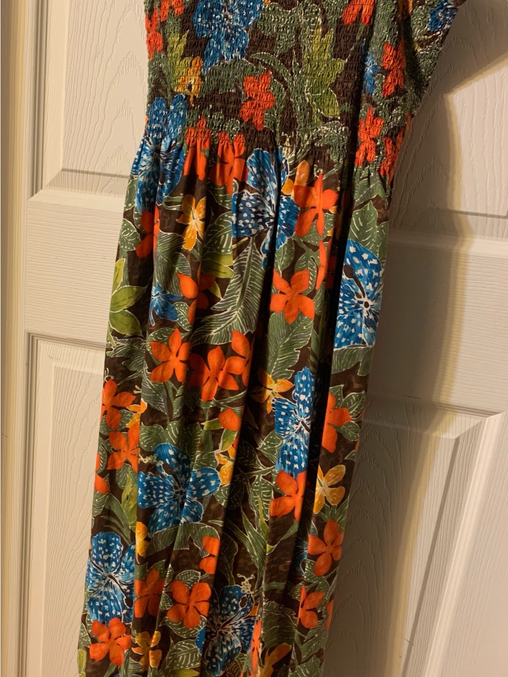 Tropical Floral Maxi Dress — Orange & Blue Flowers on Olive